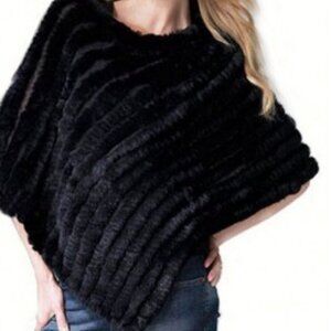 STUDIO 512 Black Genuine Rabbit Fur Poncho Cape OS